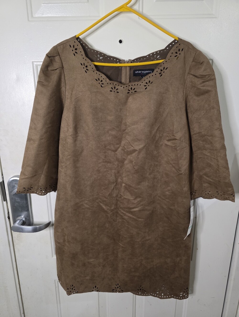 NWT‎ Sharagano Brown Faux-Suede Shift Dress with Laser-Cut Trim Size 16